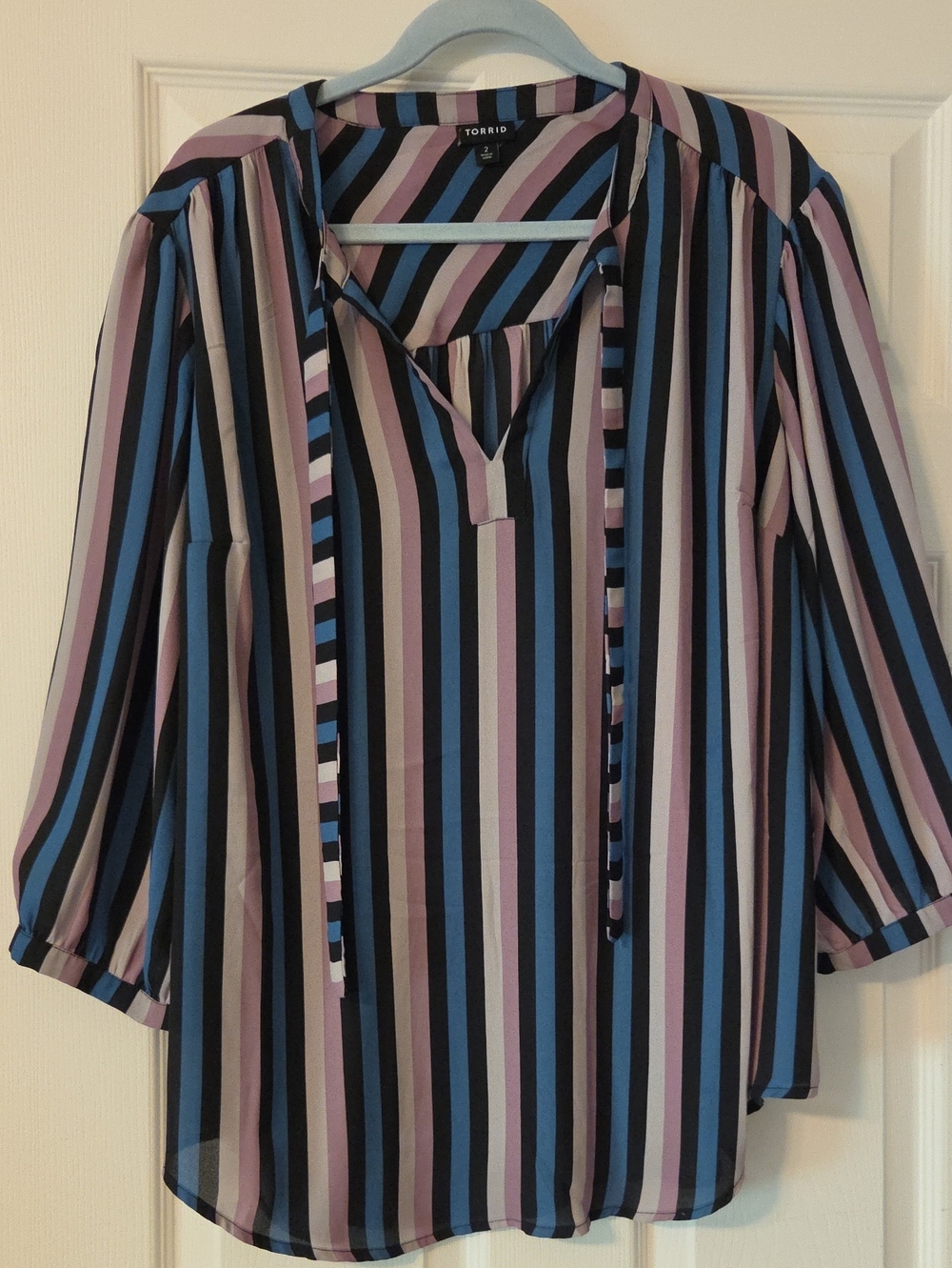 torrid Striped Tie-Neck Blouse in Blue, Pink & Black